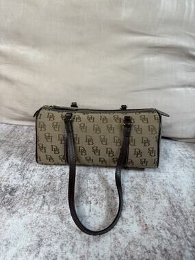 VTG Dooney & Bourke Signature Monogram Barrel Bag Canvas Leather Trim Brown Y2K